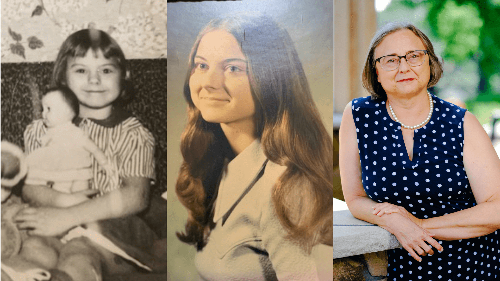 Nancy Jost as a child with a baby doll, Nancy as a high school senior, and Nancy present day.
