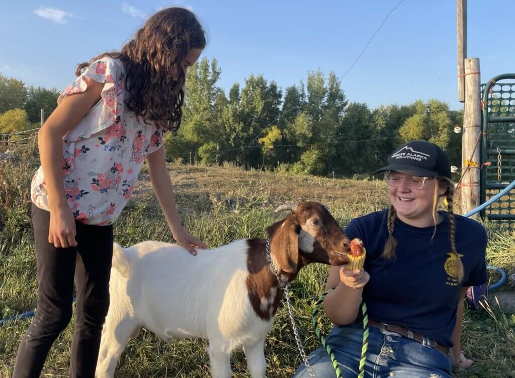 Two people near a goat. A recent Meeting for Junior Gardening Club