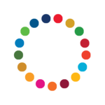 Circle of 17 smaller circles with colors corresponding to the 17 colors used for the Sustainable Goals.