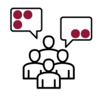 Four people icons with two thought bubbles. 