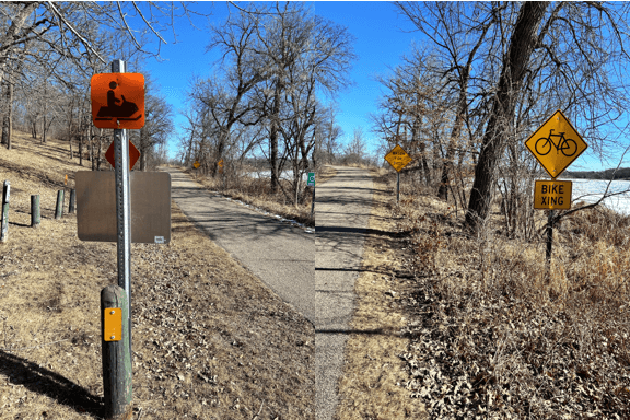 Two pictures of the same trail, one showing a snowmobile sign, the other showing a bike sign