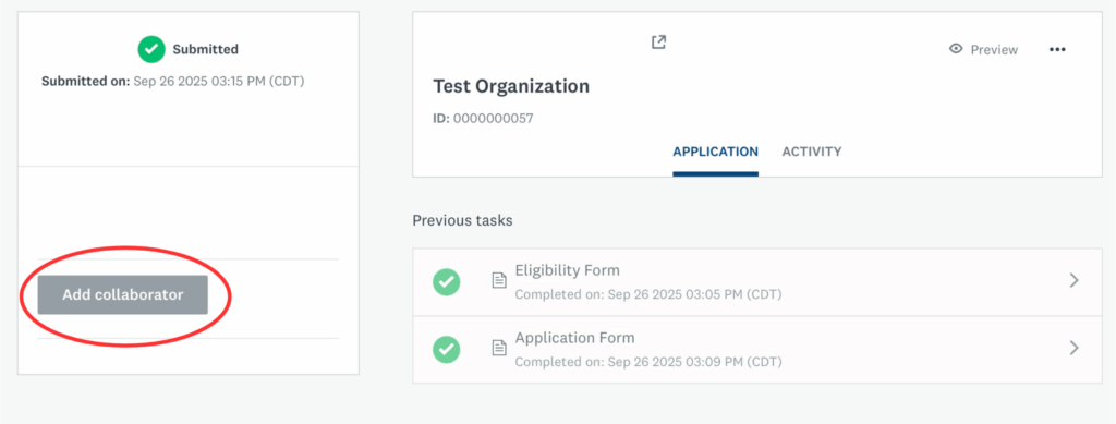 Add a collaborator is circled on the right side of the application home screen,.